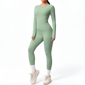 Women <b>Seamless</b> 2 Piece Yoga <b>Set</b> Crew Neck Long Sleeve <b>Top</b> <b>and</b> Full Length <b>Leggings</b> - Product Image 5