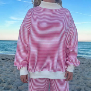 Sweat-shirt décontracté à col montant rayé rose foncé et blanc à manches longues pour femme avec logo personnalisé – Fabricant - Product Image 1