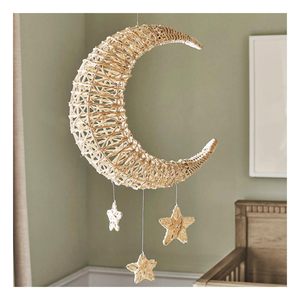 Décoration murale suspendue en rotin tressé à la main, écologique, en forme de croissant de lune et d'étoiles, pour chambre d'enfant, salle de jeux, baby shower, maison. - Product Image 4