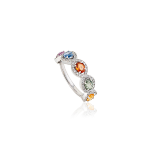 Anillo de Media Eternidad con Halo de Diamantes y Zafiros Multicolores 100% Naturales, Joyería de Oro Blanco Real de 14K con Piedras Preciosas Más Vendidas - Product Image 3