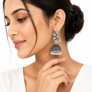 Wholesale Brass Oxidized <b>Silver</b> Vintage Handmade CZ Leaf <b>Dangle</b> Pearl Drop Jhumka <b>Earrings</b> for Women Ethnic Boho Indian Wedding - Product Image 2