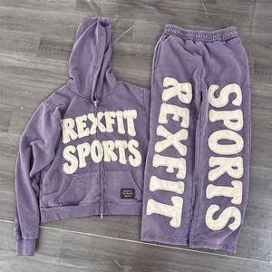 Ensemble de survêtement violet délavé avec sweat à capuche zippé et pantalon large à jambes larges, lettres appliquées, style streetwear, vente en gros OEM - Product Image 1