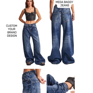 Pantalones vaqueros de marca personalizados de cintura alta rectos y anchos Mega Baggy Jeans relajados y lavados para mujer proveedor de pantalones en Bangladesh - Product Image 1