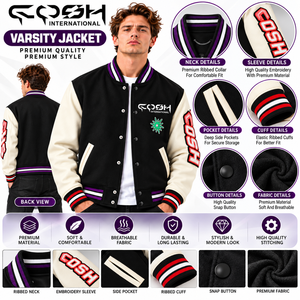 Chaqueta Varsity para hombre en negro y bloques de color con logo bordado, botones a presión, estilo Letterman, chaqueta bomber de béisbol para hombre. - Product Image 6