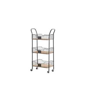 Chariot de rangement mobile à 3 niveaux avec paniers en fil chromé et plateau en bois, étagère de cuisine pour micro-ondes - Product Image 2