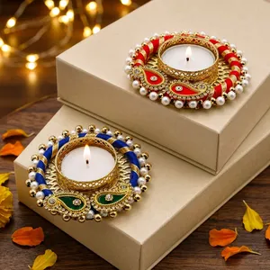 Handmade Round Tea <b>Light</b> Holder with Red and Blue Beaded Design for Wedding Christmas & Easter Home Decoration <b>Wall</b> Mounted - Product Image 2