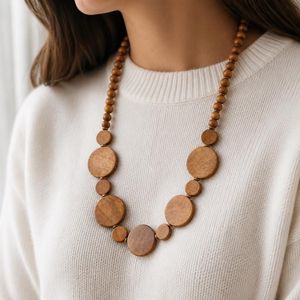 Collier en perles de bois pour femmes, forme géométrique circulaire, style décontracté, bijoux - Product Image 2