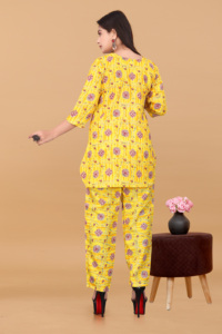 Elegant Yellow Print Poly Rayon Women Co ord Set Sustainable Round Neck Two Piece Outfit Casual Loose Fit Ladies Pant Suit Wear - Product Image 2