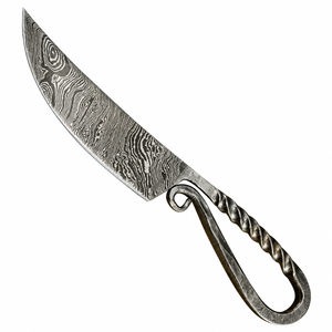 Couteau de chasse gris argenté à motif Damas avec poignée en métal torsadé, lame incurvée et pointue, style artisanal, utilitaire pour l'extérieur - Product Image 1