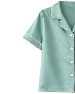 Ensemble de pyjama pour femme en satin vert menthe personnalisé, manches courtes, boutonné, style soie, deux pièces, vêtements de nuit, ensemble de shorts de détente - Product Image 3