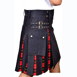 Kilt negro para hombre con paneles laterales de tartán rojo, falda plisada tradicional escocesa, estilo gótico punk moderno - Product Image 3