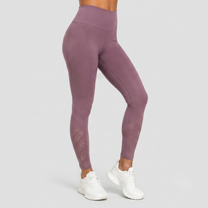 Leggings taille haute pleine longueur, couleur unie violet, tricotés, extensibles, respirants, style sportif, design sans couture - Product Image 2