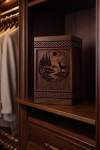 Urne funéraire artisanale en bois en forme de cerf avec scène forestière rustique, écologique, pour crémation - Product Image 1