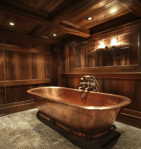 Baignoire profonde en cuivre antique avec moulures décoratives et vue sur les montagnes, disponible à prix de gros. - Product Image 4