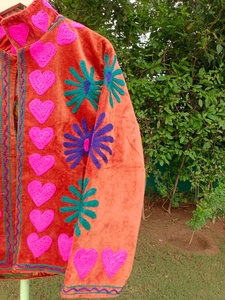 <b>Velvet</b> Bomber <b>Jacket</b> With Pink Heart And Floral Hand Embroidery For <b>Men</b> Women Winter Outerwear - Product Image 3