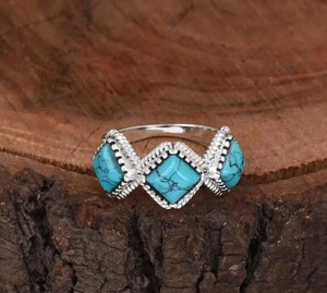 925 Sterling Silver Blue Turquoise Christian Bezel Setting Handmade Triple Cushion Bohemian Gemstone <b>Statement</b> <b>Ring</b> for December - Product Image 6
