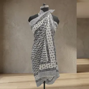 Black White Hand Block Printed Cotton Sarong Scarf with Leaf Motif Border Lightweight Beach Wrap Stole for Women - Product Image 3