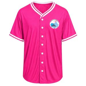 Maillot de baseball rose vif pour femme avec patch brodé, manches courtes, boutons sur le devant, col en V, bordure blanche, vêtements de sport décontractés pour équipe - Product Image 1
