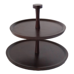 Latest 2 Tier Round Wooden Cake Stand Dark Brown Wood Cupcake <b>Dessert</b> Serving Platter With Handle For Party Events Display Decor - Product Image 1