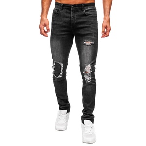 กางเกงยีนส์สีดำสุดเพอร์เรสสำหรับผู้ชายทรงสลิมฟิตเข้ารูปผิวขรุขระฟอกสีและเย็บทนทานสำหรับแฟชั่นสตรีทแวร์ - Product Image 1
