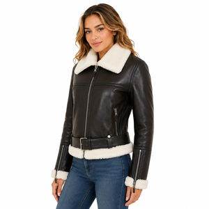 Veste d'aviateur en peau de mouton authentique pour femme – Elsie marron et blanc - Product Image 3