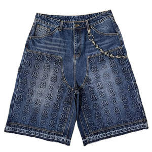 Custom Raw Hem Distressed <b>Embroidered</b> <b>Jeans</b> Shorts for <b>Men</b> Cotton Baggy Jorts Rhinestone - Product Image 1