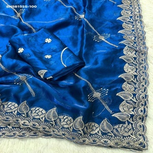 Gorgeous Looking Space Silk with Zari-Thread Embroidered All-Over Stripe Pattern & Leaf border work <b>Saree</b>-<b>Blouse</b> Indian Supplier - Product Image 1