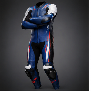Combinaison de moto pour homme en PU bleu, blanc et rouge, coupe ajustée, imperméable, fermeture éclair, doublure en laine, streetwear, veste de motard - Product Image 5