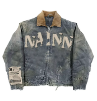 Blouson en jean délavé pour homme, coupe ample, style streetwear, fermeture éclair, col rabattu, patch lettres, écologique, hiver, vintage, logo frontal