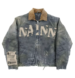 Blouson en jean délavé pour homme, coupe ample, style streetwear, fermeture éclair, col rabattu, patch lettres, écologique, hiver, vintage, logo frontal - Product Image 1