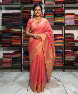 Sari en soie rose corail pour femme, tenue ethnique traditionnelle pour fête, tissu drapé avec élégante bordure décorative - Product Image 5