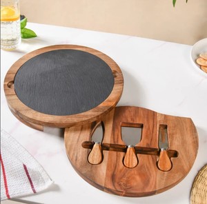 Round Acacia Wood Cheese Board with Slate Serving Surface and Hidden Cheese <b>Knife</b> Set Dishwasher <b>Safe</b> Decorative - Product Image 4