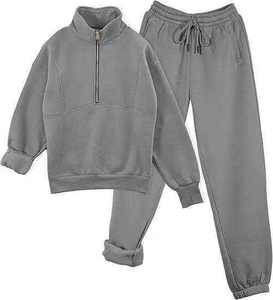 Custom Logo 100% Cotton Fleece Breathable Solid Color Half Zipper <b>Hoodies</b> Sweatpants With Stand Collar Unisex Tracksuit Sets - Product Image 5
