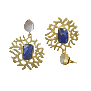 Pendientes colgantes hechos a mano de lapislázuli con madreperla, chapados en oro - Product Image 5