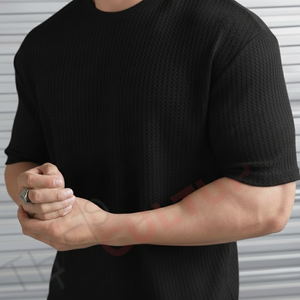 Custom Logo <b>Waffle</b> Knit T <b>Shirt</b> for Men Breathable Cotton Oversized Drop Shoulder Short Sleeve Solid Color Printed - Product Image 4