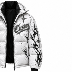 Custom Men's White Y2K Graphic Puffer <b>Jacket</b> Rhinestone Tribal Flame Design Glossy Padded Winter Outerwear Front <b>Gothic</b> - Product Image 6