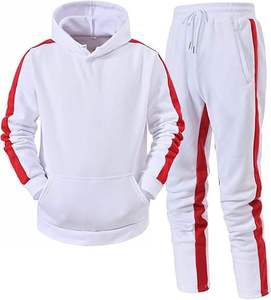 ชุดเซ็ตแทรคสูทสีขาวแดงลายทางแบบ unisex เสื้อฮู้ดและกางเกงขายาว สไตล์ลำลองสำหรับฤดูใบไม้ร่วง แขนยาว มีเชือกผูกกระเป๋า ดีไซน์เรียบง่าย ทรงพอดีตัว - Product Image 1