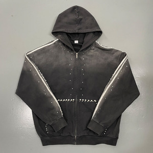 Sudadera con capucha unisex vintage de poliéster/algodón con cremallera, lavado ácido y efecto desgastado, con apliques de pedrería personalizados High Street para invierno - Product Image 1
