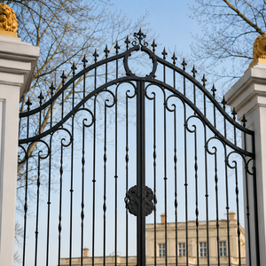 Portail de luxe en fer forgé noir avec piliers en forme de lion et décorations festonnées pour entrée de villa, manoir ou jardin – Conception de porte de sécurité - Product Image 3
