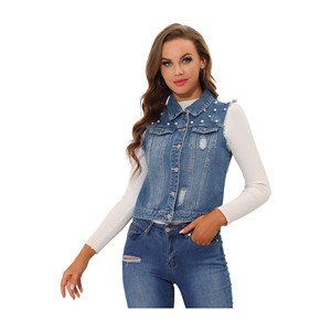 Chaleco Vaquero Extra Grande Estilo Boyfriend para Mujer |   Chaqueta Corta de Mezclilla sin Mangas |   Ropa Urbana de Verano con Efecto Desgastado - Product Image 3