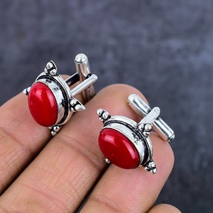 Boutons de manchette en argent plaqué, faits à la main, avec pierres précieuses de corail rouge italien - Product Image 1