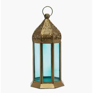 Hand Crafted Golden Lantern Hexagonal Shape Intricate Cutout Frame Dome <b>Top</b> Hanging Ring Side Latch Candle Warm Glow Ambient - Product Image 5