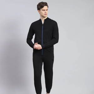 Men's Black Mock Neck <b>Knitted</b> Sweater <b>Set</b> Casual Autumn Wear 100% Cotton Breathable Solid Color Long Sleeve Pants Outfit - Product Image 2