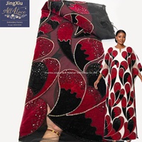 Tissu de luxe en velours et dentelle de tulle, orné d'appliques, de perles et de paillettes, motifs cachemire ivoire, rouge et noir, pour robe africaine Boubou Kaftan