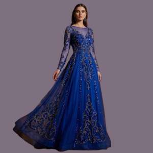 Robe de soirée bleu roi brodée en tulle, luxueuse, ornée de sequins et de perles, à manches longues, pour occasions formelles, vente en gros, fournisseur en vrac - Product Image 4