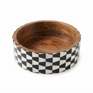 <b>Mango</b> <b>Wood</b> <b>Bowl</b> With Resin Bone Inlay Black and White Checkerboard Geometric Pattern Decorative Salad Fruit Serving <b>Bowl</b> - Product Image 1