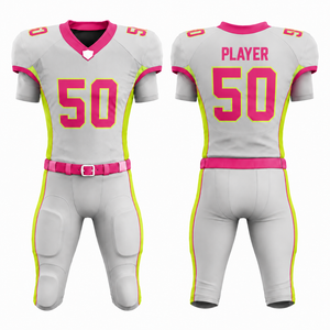 Ensemble de maillot et pantalon de football américain sublimé personnalisé, ajusté, à manches courtes, anti-humidité, col en V, unisexe adulte, gris, rose, jaune - Product Image 5