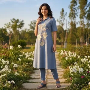 Robe midi brodée florale bleue pour femme, col chemise, manches courtes, style kurta décontracté, avec pantalon assorti, ensembles pour femmes - Product Image 2