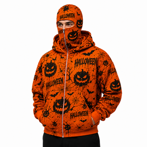 Custom Halloween All Over Print Full Zip Mask Hoodie Orange Oversized Streetwear Hoodie Heavyweight Fleece Zip Up Jacket for Men - Product Image 2