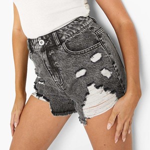 Shorts de Mezclilla Ecológicos Transpirables de Cintura Alta con Detalle de Botones, Detalles Desgastados y Dobladillo Deshilachado para Mujer, Estilo Casual - Product Image 3